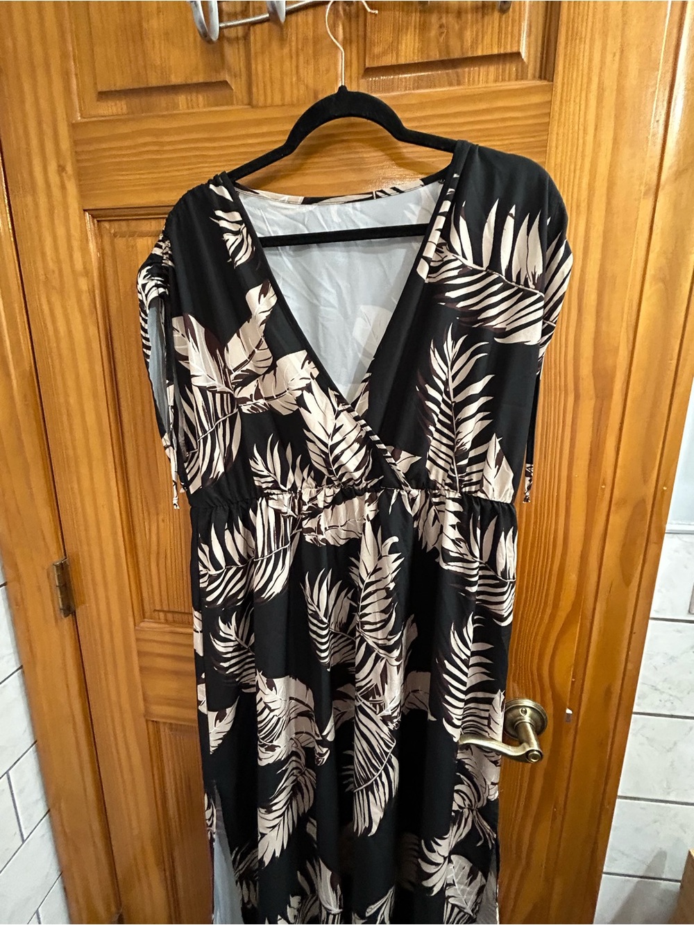 Black Maxi Dress with Cream Leaf Print